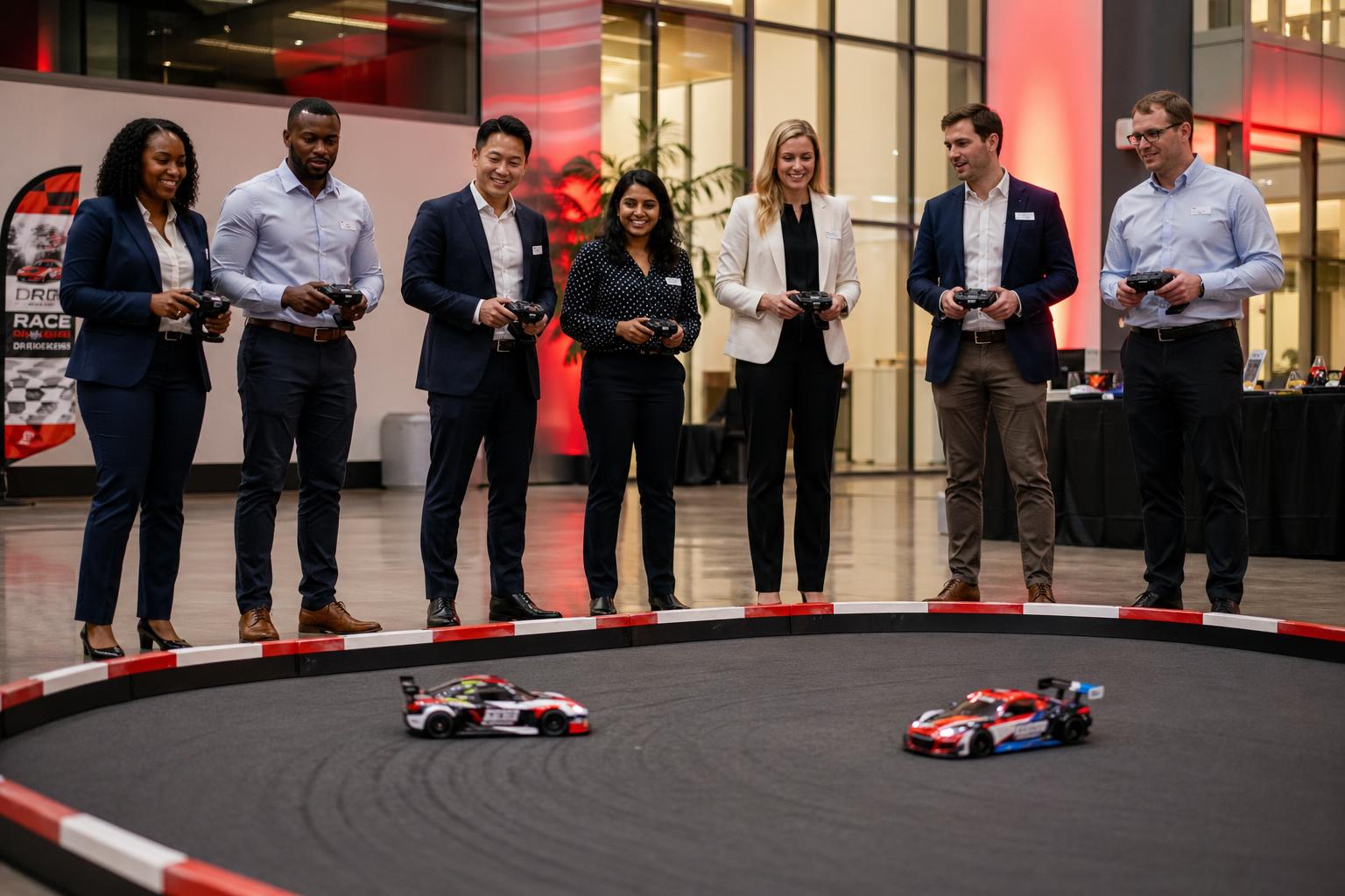 Corporate professionals preparing to race RC cars