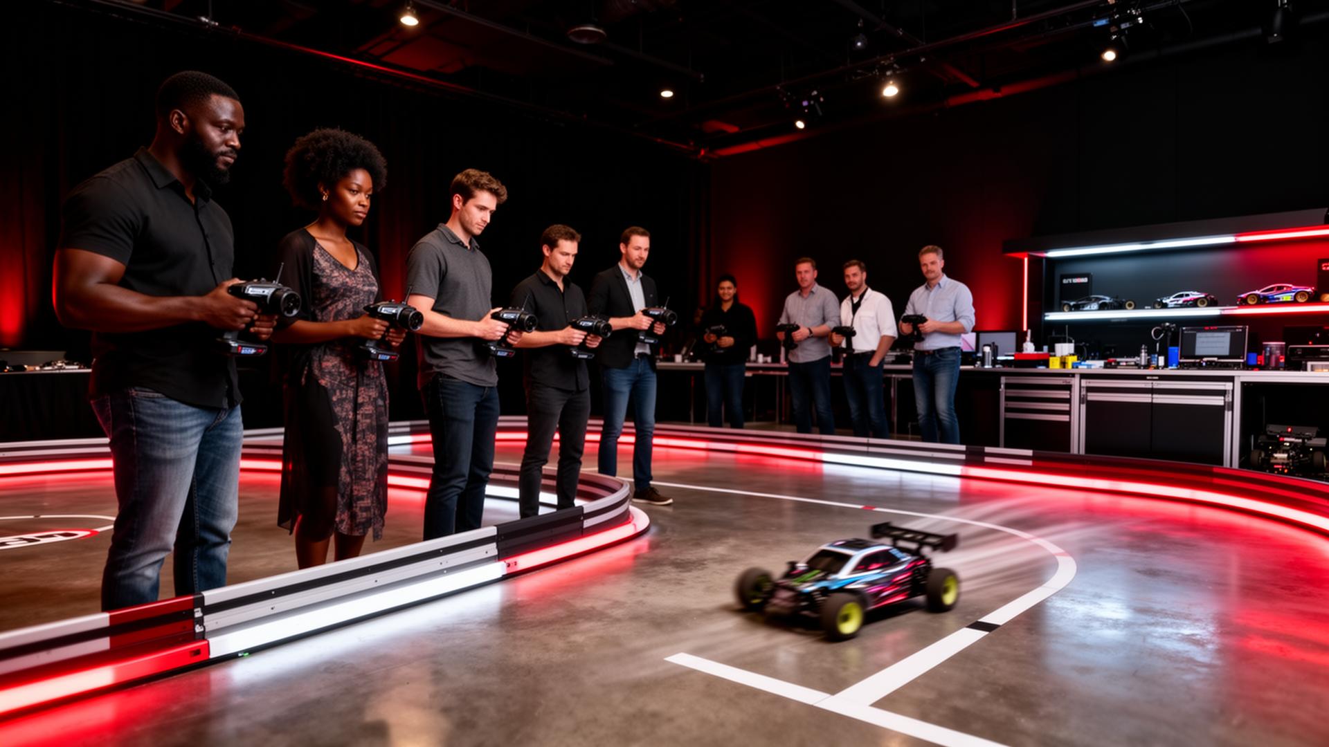 Diverse group preparing to race RC cars on an indoor track