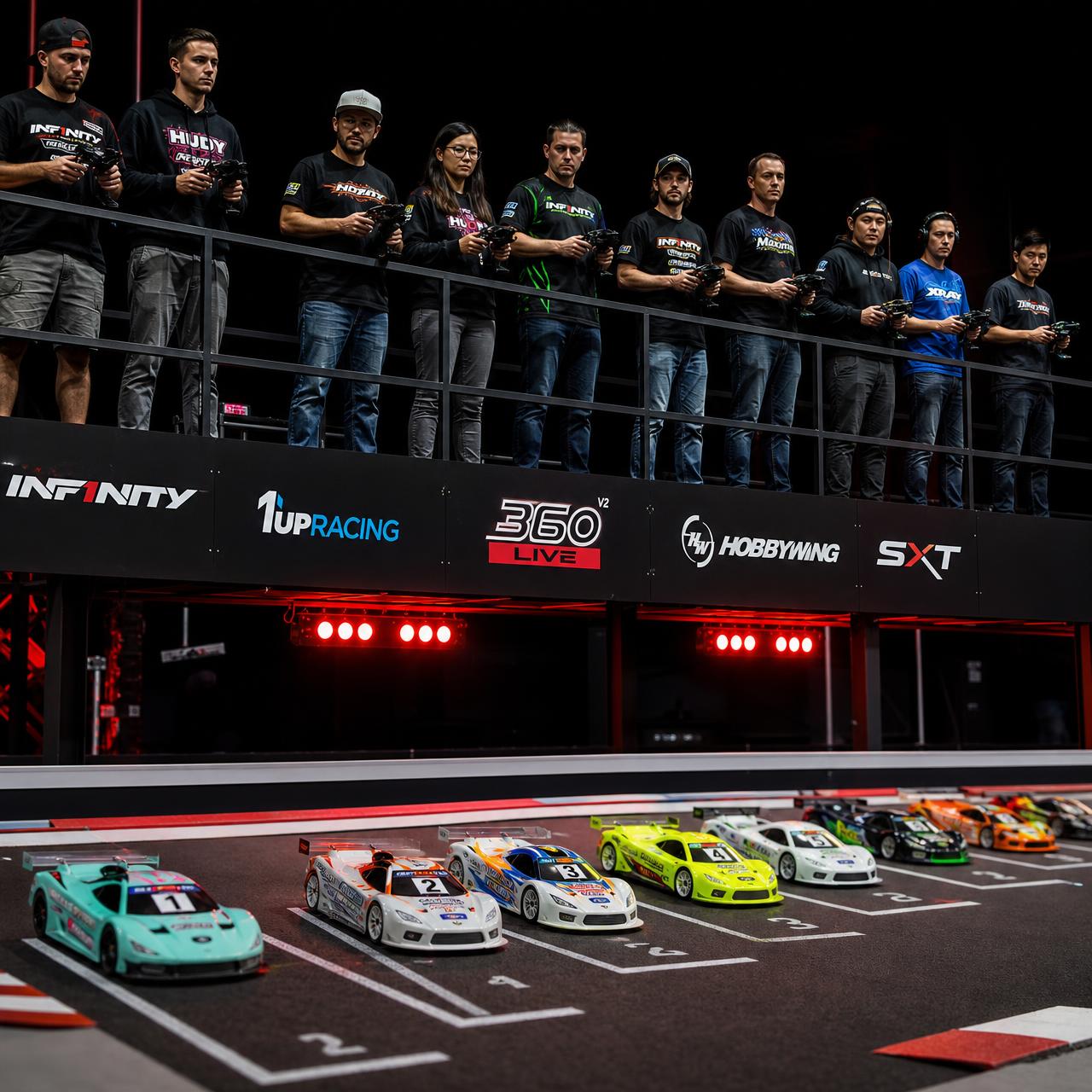 Adult Velox Racing Club members with transmitters beside 1/7-scale on-road RC race cars on a starting grid